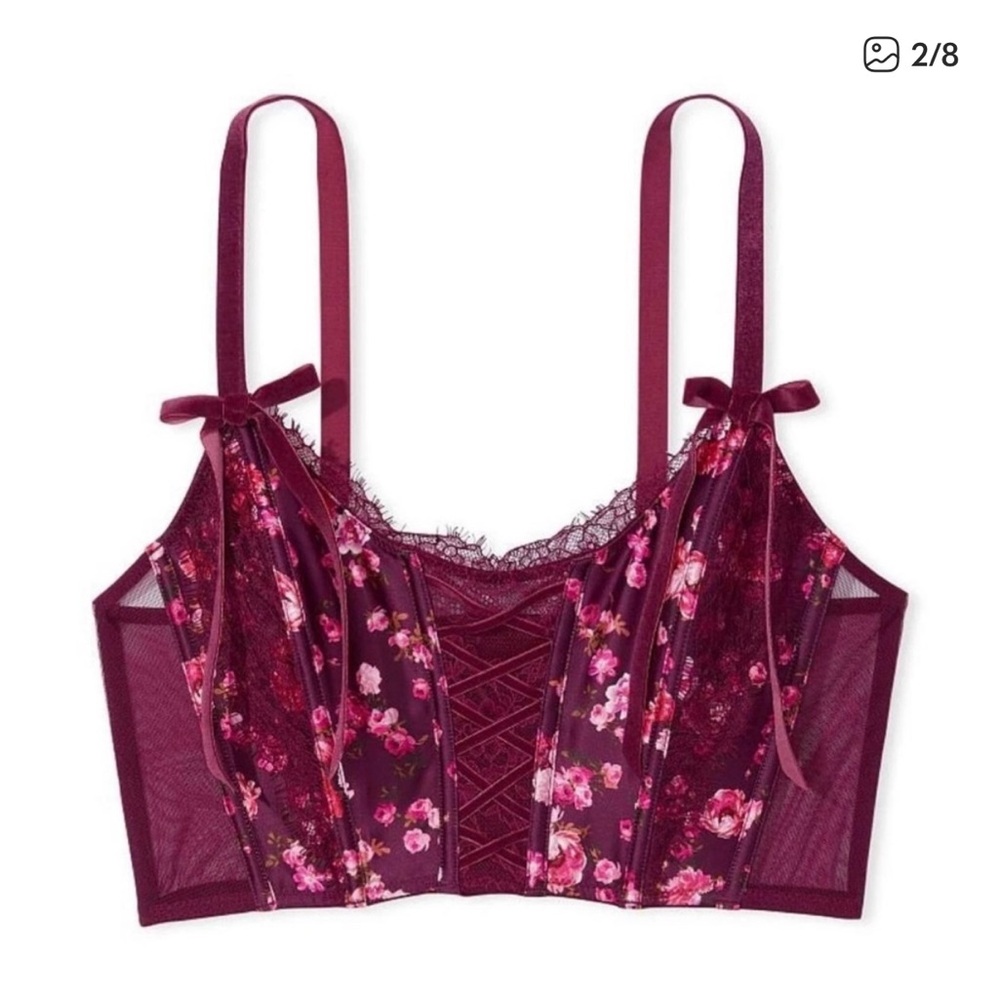 Victorias Secret Dream Angels Lace-Up Corset Top Bra Floral Maroon Medium NWT